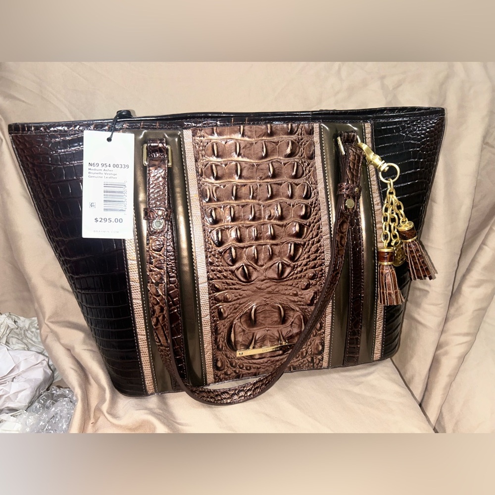 Brahmin Brown and Gold Crocodile-Embossed Tote
